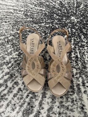 Varese Women's Taupe Suede Wedge Sandals with Stud Detail, Sz 5